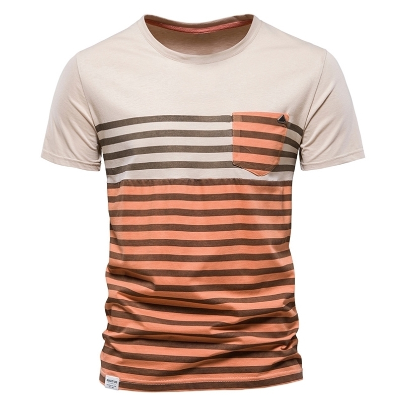 AIOPESON Striped Cotton Men Tshirt Oneck Short Sleeve Slim Fit T Shirt for Men Patchwork Tops Tees Summer Mens Clothing 220704wtt