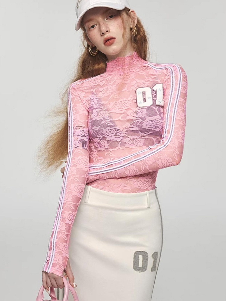 Women's Autumn New Collection: Digital Embroidery High Neck Lace Perspective Set, Finger Long Sleeve Top, T-shirt