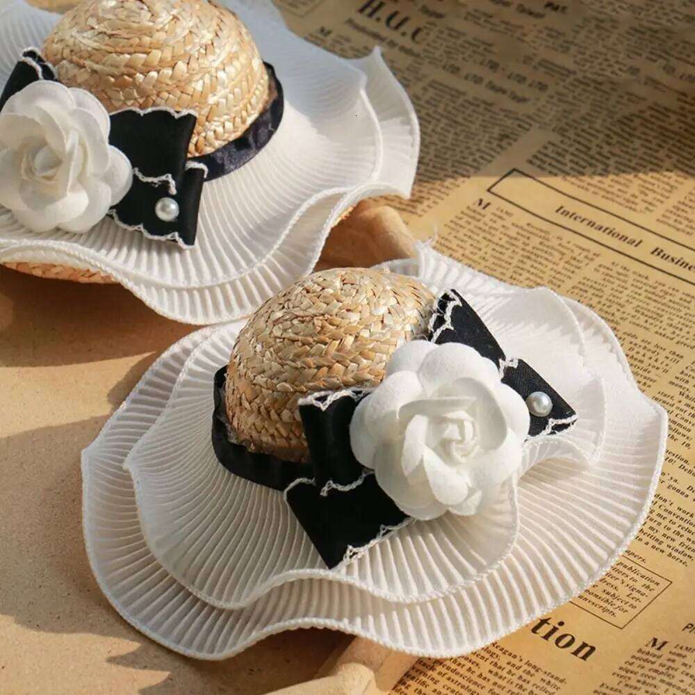 Pet Accessories Ins Style Camellia Decorative Adjustable Cat Sun Straw White Dog Bowknot Hat Beach