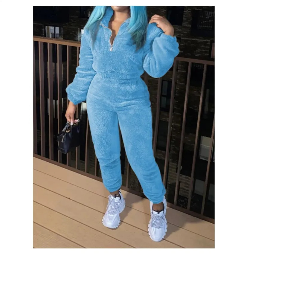 Fashion and casual solid color plush womens set for autumn and winter ultra short jacket ultra-thin warm sports Trouser girls 2-piece set 241230