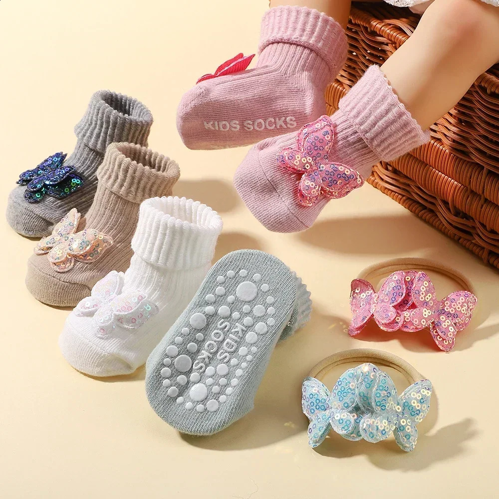 01Y Lovely Cartoon Baby Socks Hair Band Set Infant Toddler Non Slip Breathable Short born Headband Gift Po Props 241230