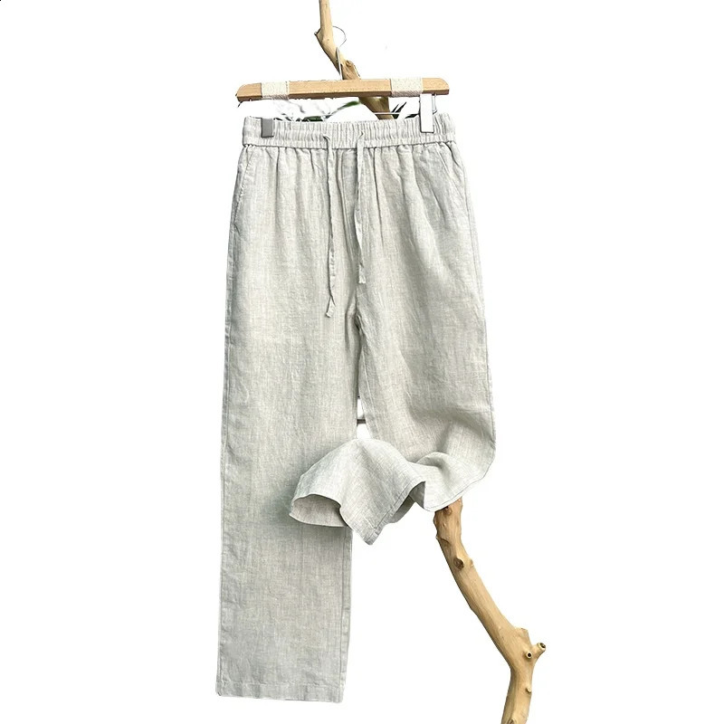 Linen Natural Pure Skin Breathable Summer Pure Color Fashion Linen Slim Fit Men Loose 100 Linen Straight Flax Casual Pants 241231m