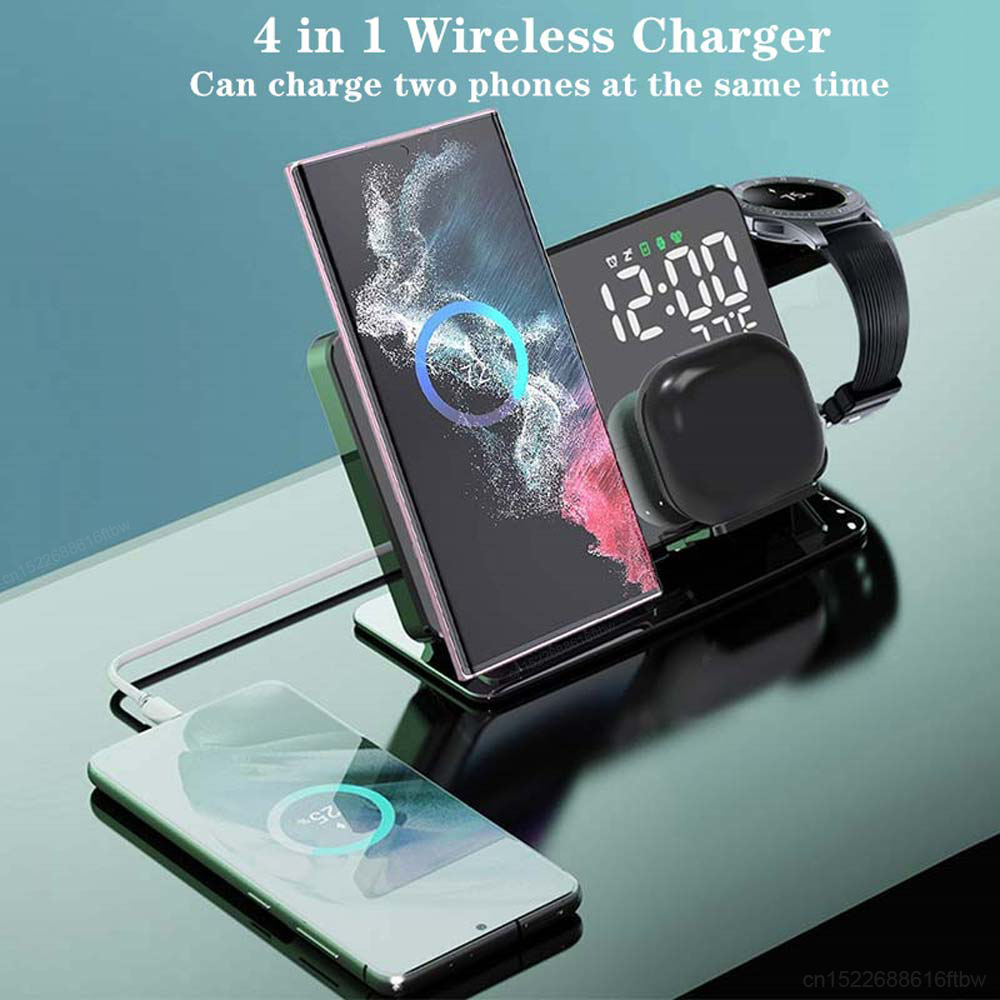 Wireless Phone Charger & 3-in-1 Charging Stand for Smartwatches and Phones with Integrated Alarm Clock Feature