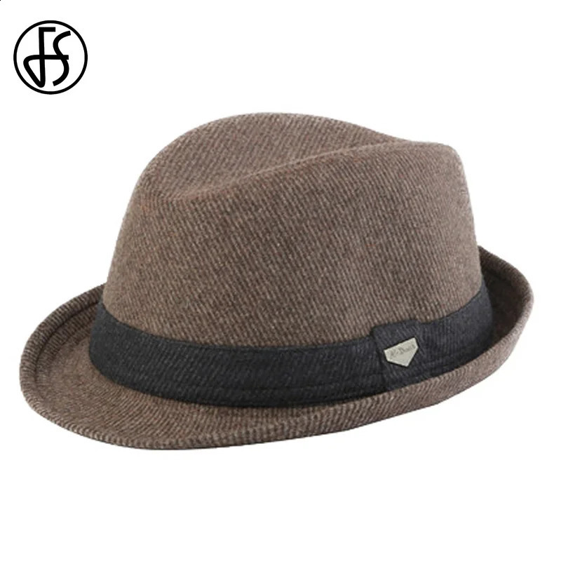 FS Vintage Black Wool Felt Wide Brim Fedora Hats For Men Striped Gangster Trilby Hat Autumn Winter Panama Jazz Cap Chapeau Homme 241231