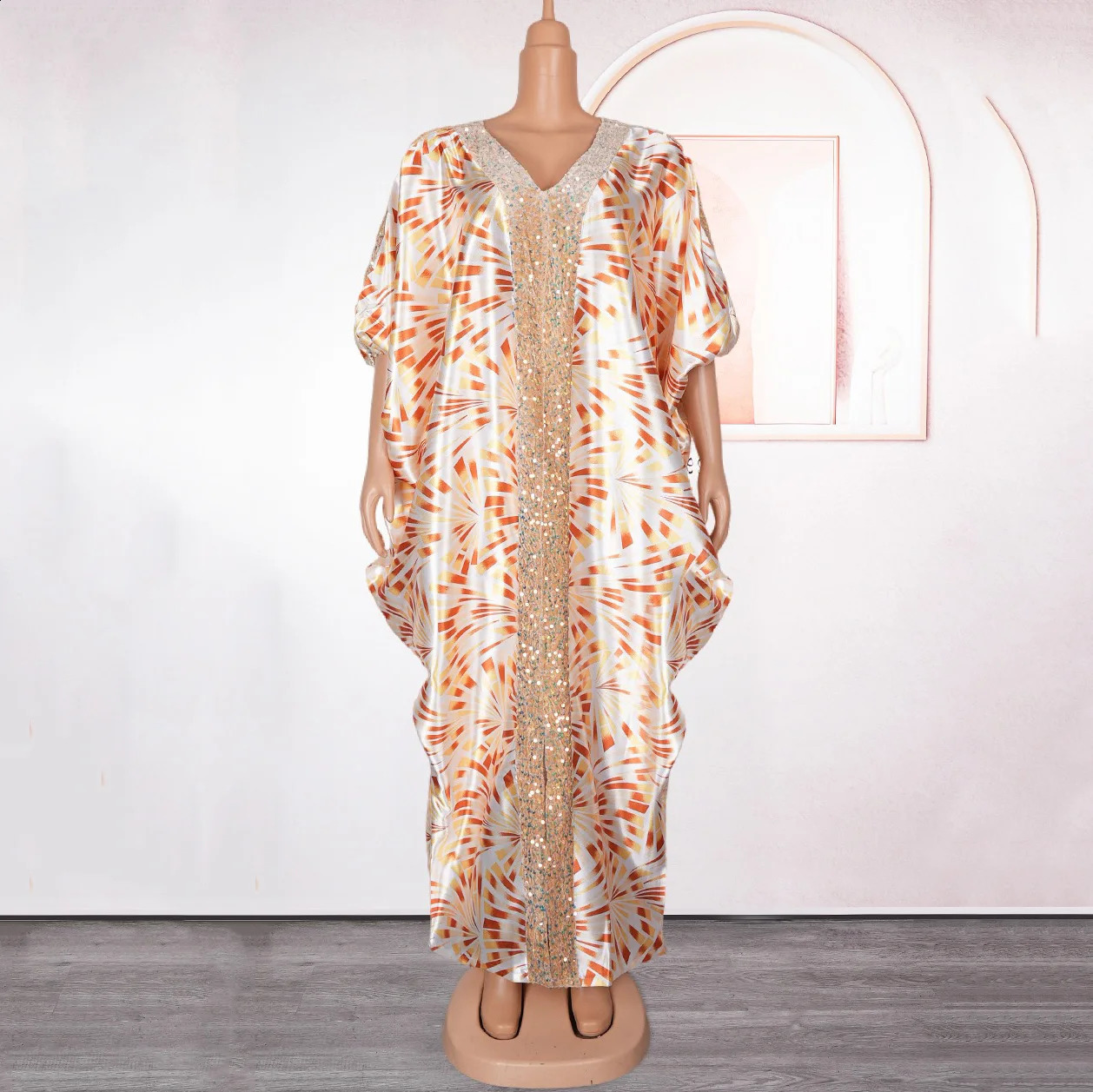 Islamic Party Dress Womens Elegant V-neck Batwing Sleeves Sparkling Loose Birthday Party Dinner Dress Floor Length 241231