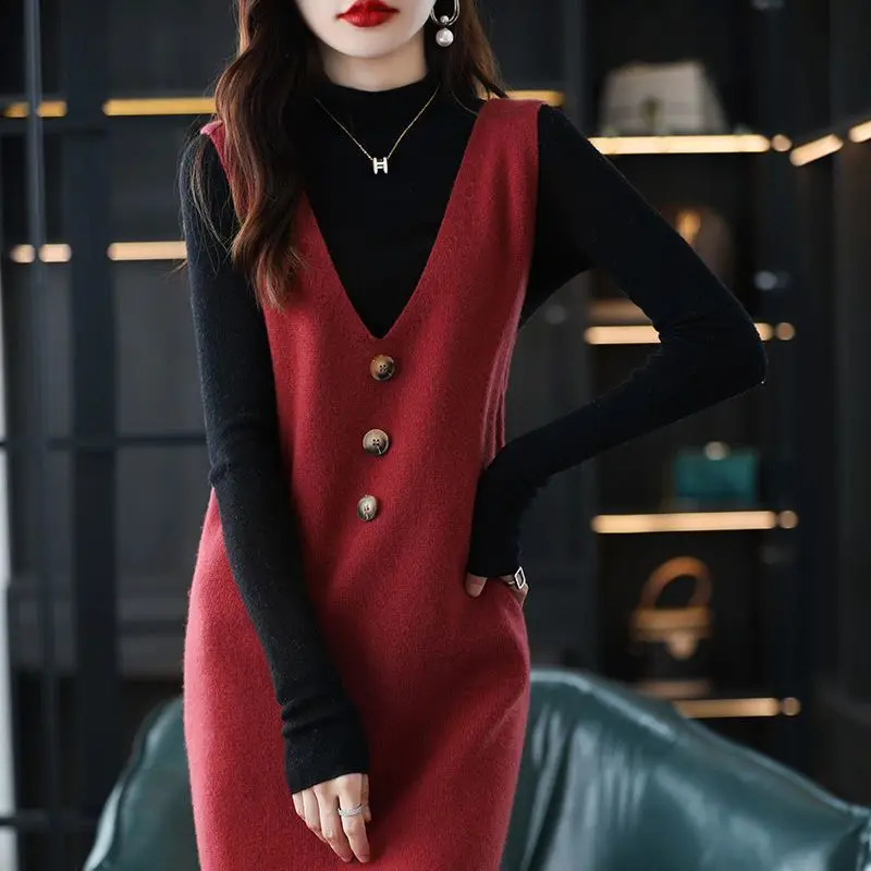 Pullover knitted vest skirt long Vneck casual loose sweater solid 2023 autumn and winter knitted sleeveless women vest sweater 241231m