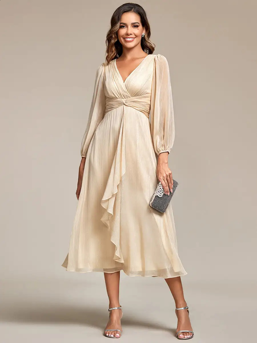 Elegant evening gown deep V-neck long sleeves knee length sparkling chiffon charcoal wedding guest gown