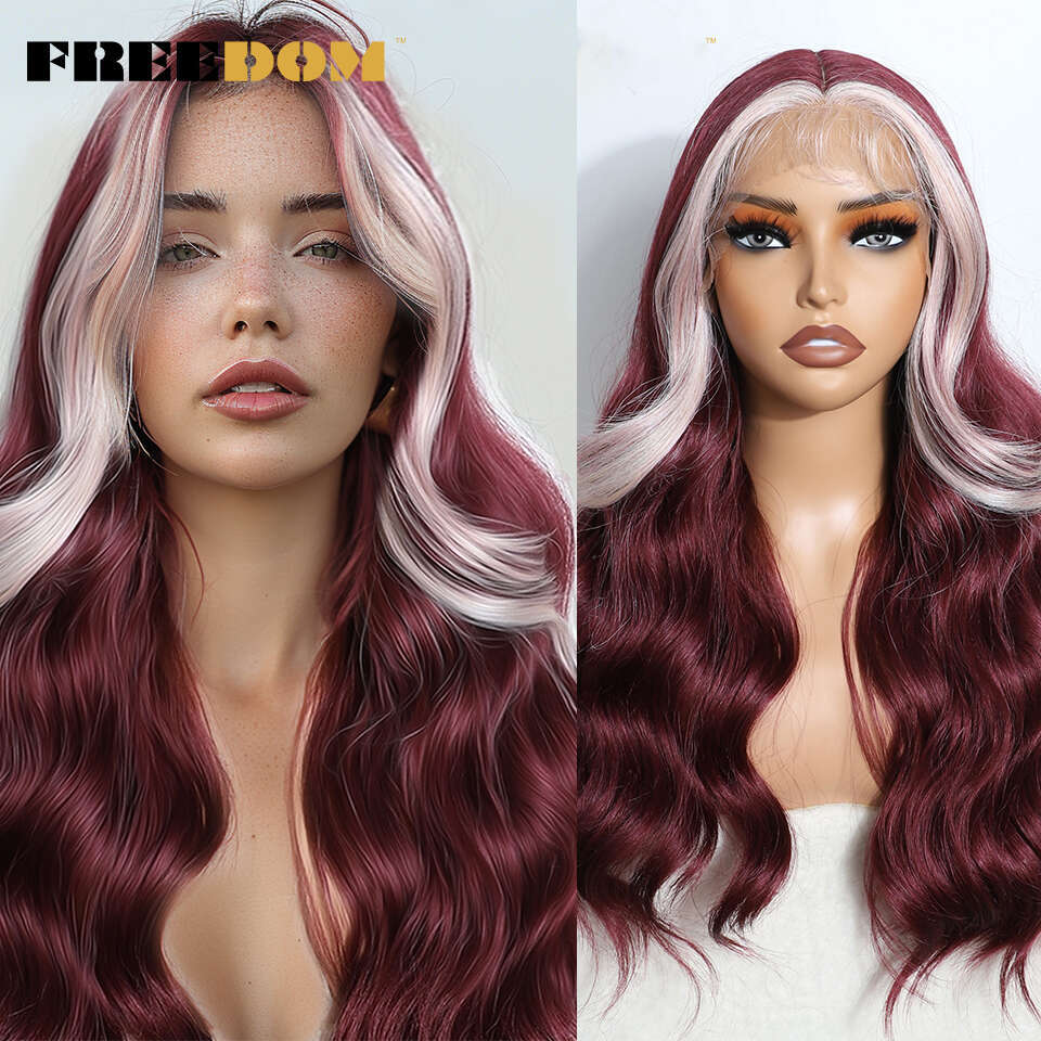 FREEDOM Synthetic Lace Front For Women 22 Inch Body Wave Ombre Brown Blonde Wine Red Wig Easy Wear White Cosplay Wigs