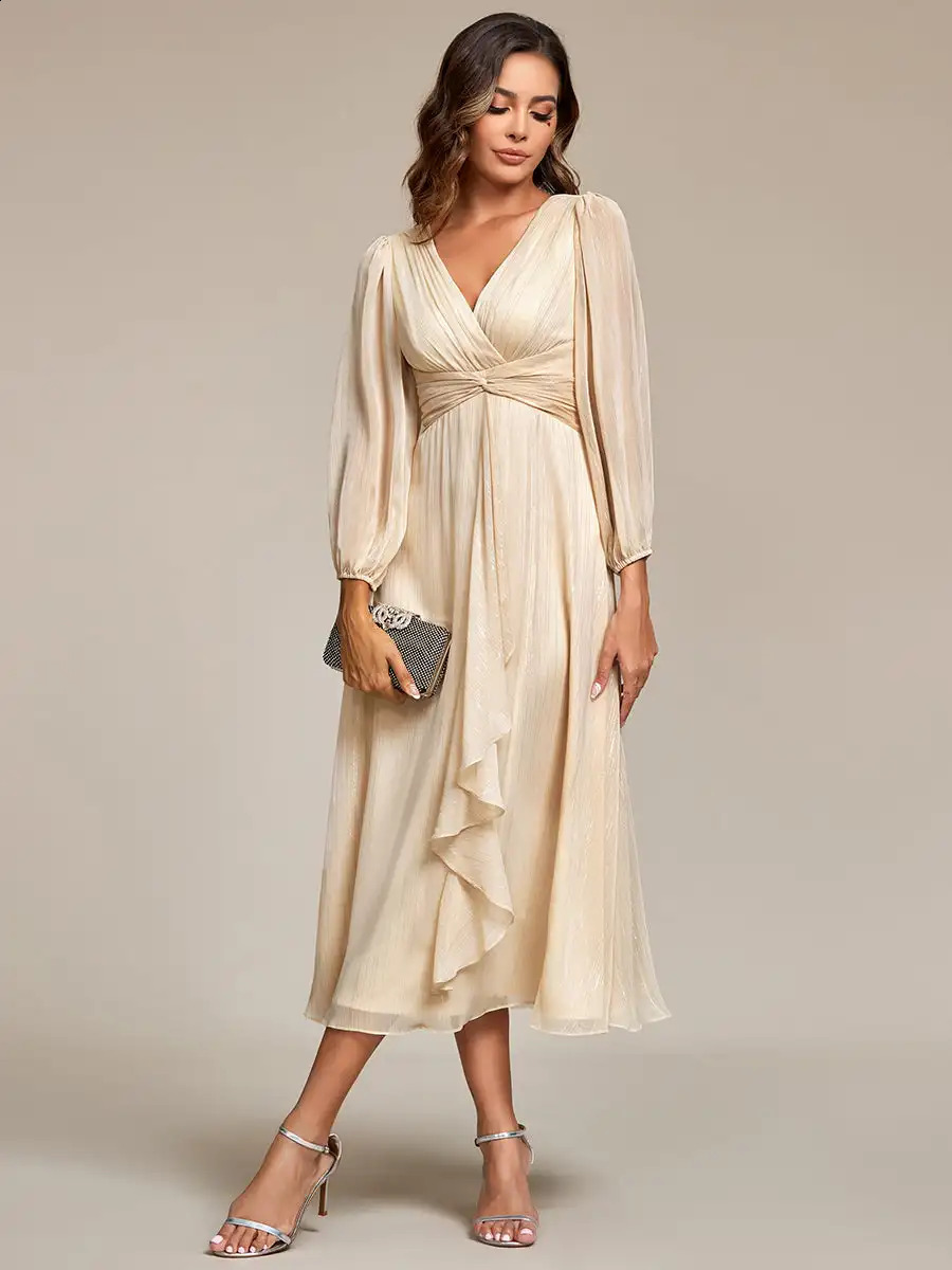 Elegant evening gown deep V-neck long sleeves knee length sparkling chiffon charcoal wedding guest gown