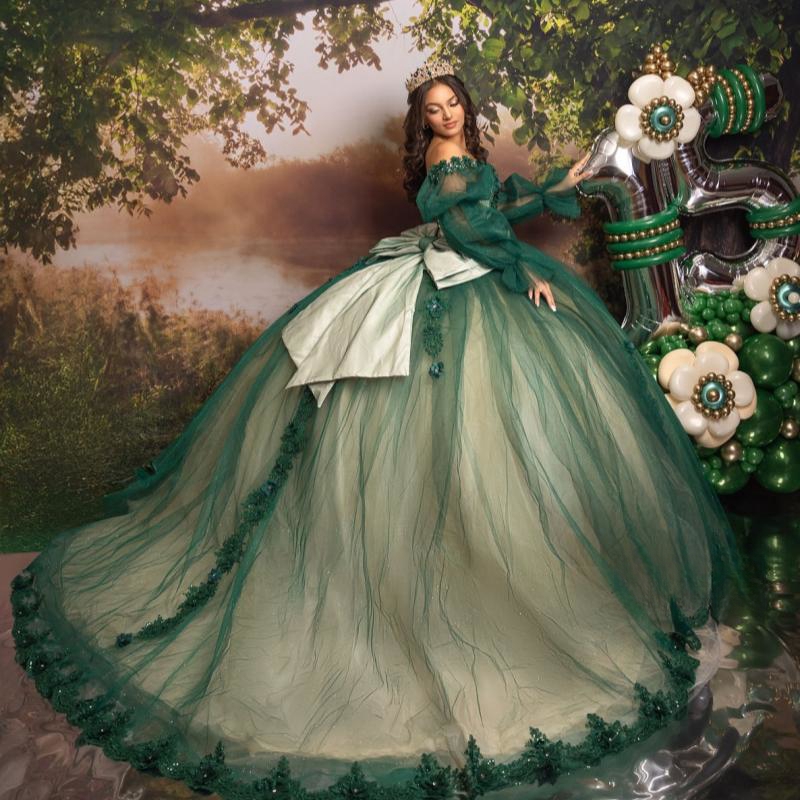 Green Shiny Quinceanera Dresses Off The Shoulder Lace Applique Beads Bow Tull Puff Sleeve Ball Gown Birthday Party Sweet 16 Vestidos De 15 Anos