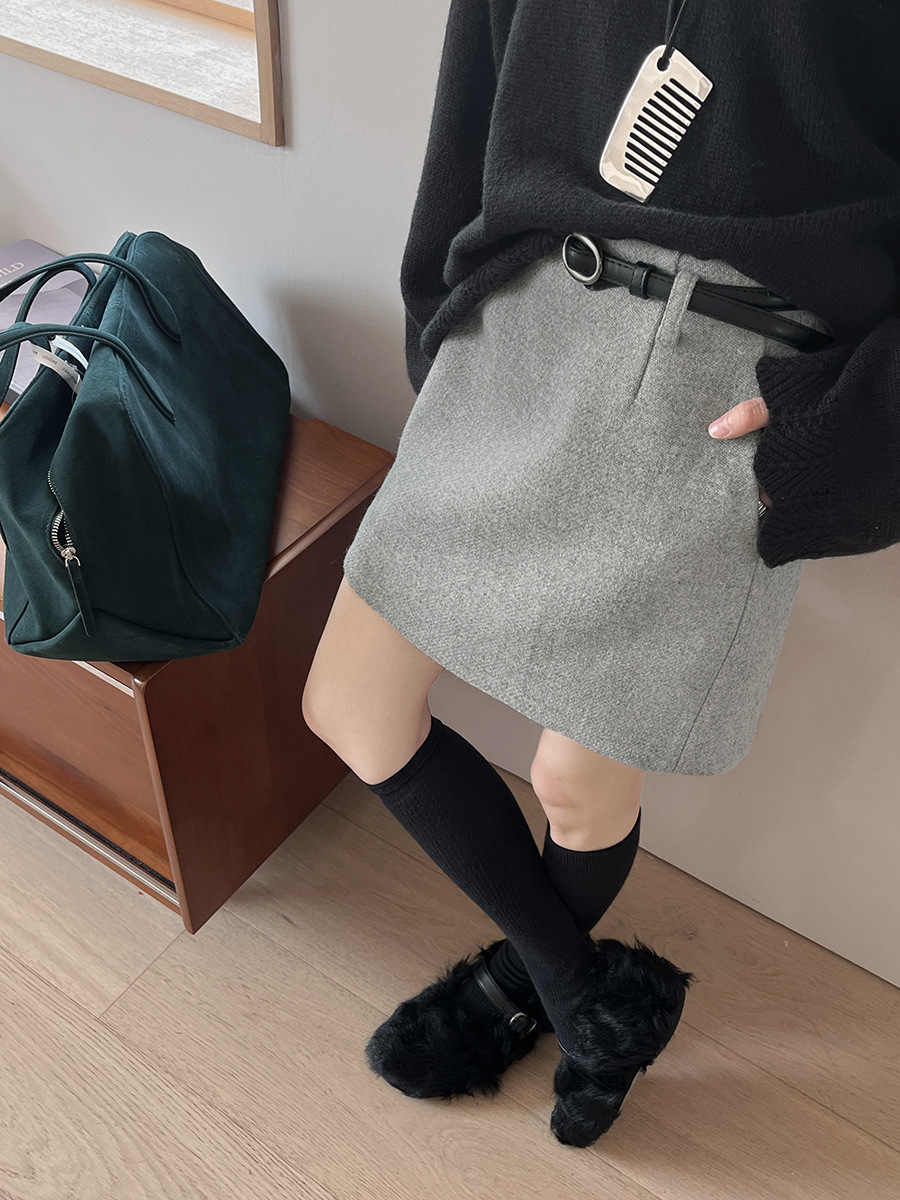 C185 woolen skirt with belt A-line lazy winter new style