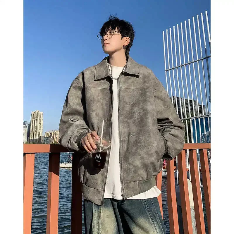 Trendy Pink Leather Jacket Vintage Distressed High-End Feel For Men Loose Fit American Style Maillard Clothing 241230