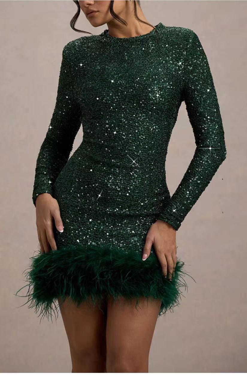 Womens Dress Long Sleeved Solid Color Sequin Feather Dress Round Neck for Women