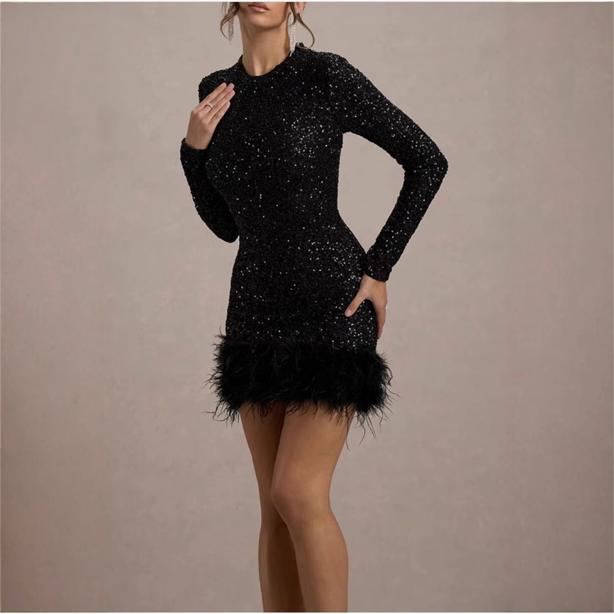 Womens Dress Long Sleeved Solid Color Sequin Feather Dress Round Neck for Women