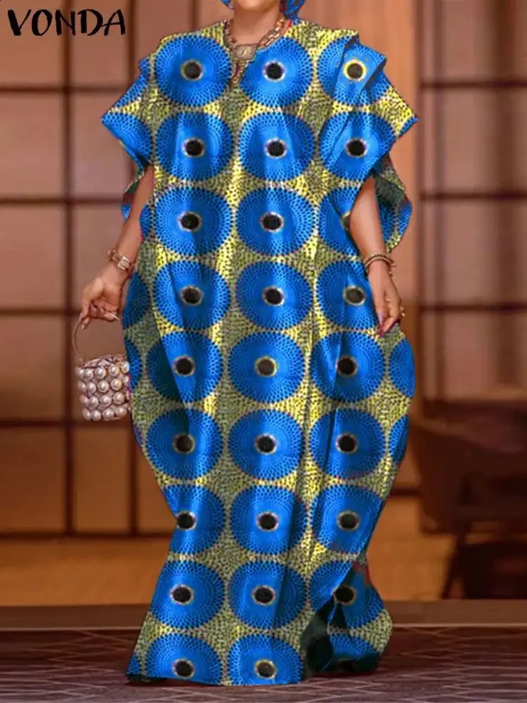 Womens Party Long Dress VONDA Bohemian Sundress Summer Batwing Sleeve Printed Dress Casual Loose Robe Fashion Tank Top 241231