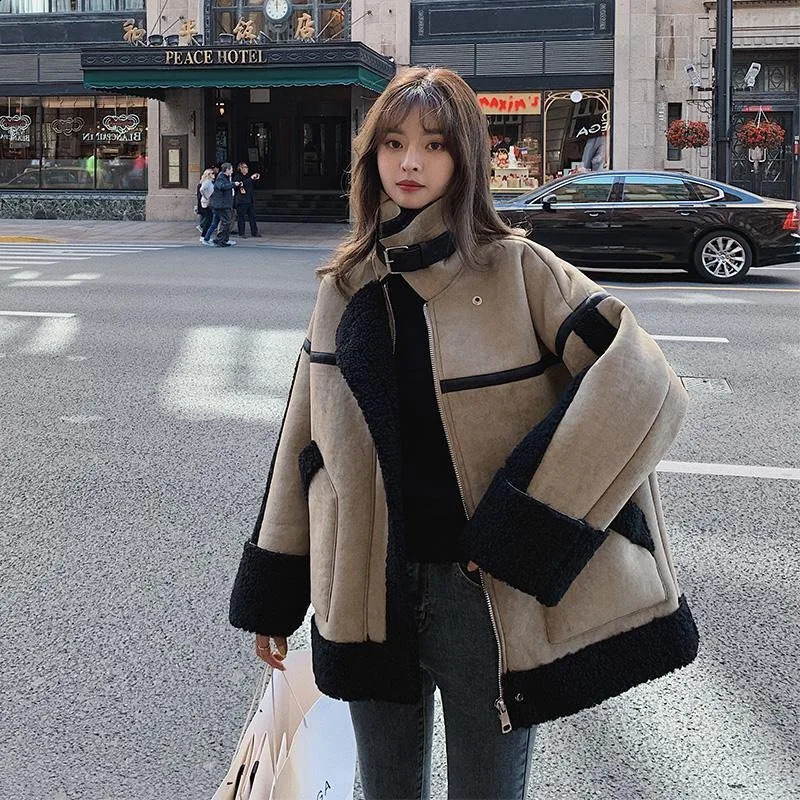 Korea Fashion Lambswool Fur Coat Women Y2K Winter Thickened Vintage Stitching Short Leather Motorcycle Clothing 241223