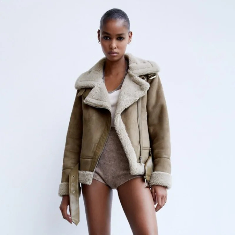Winter Suede Jacket Faux Fur Lambwool Coat with Belts Casual Thick Warm Biker Jackets Zipper Oversize Leather Windbreaker 250103Z
