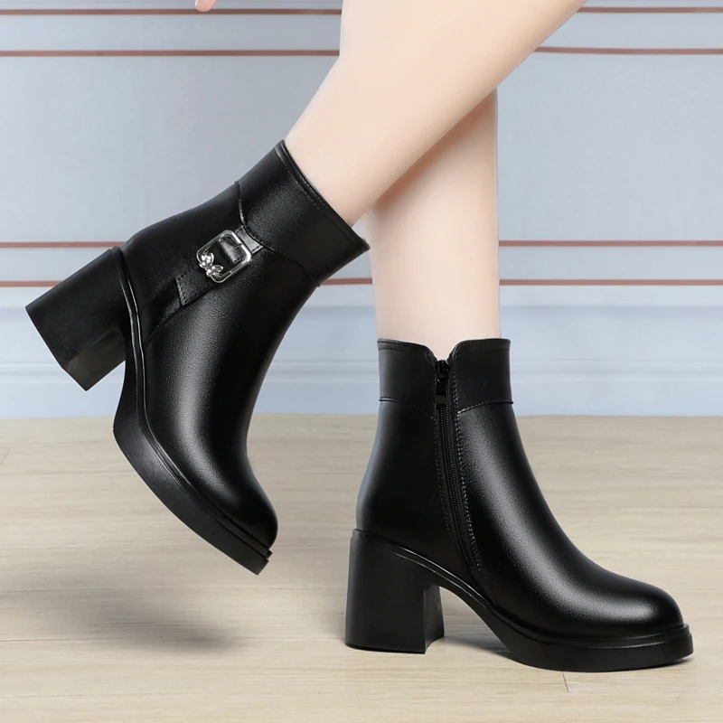 AIYUQI Women's Winter Shoes Boots Fashion High Heeled Ankle Boots Women Natural Wool Warm Boots Women