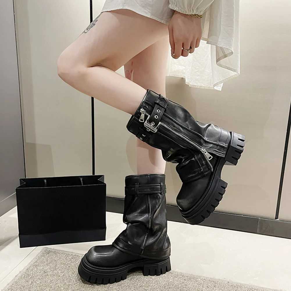 High quality merchants Platform Fold Knee High hot for Women Punk Belt Buckle Square Toe Zipper Trouser Boots | Goth Shoes 2024