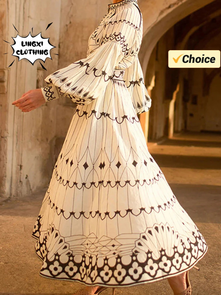 Summer Fashion Womens Bohemian Style Elegant Dress with Retro Printed Banquet Style Long Line Womens Dress 241231