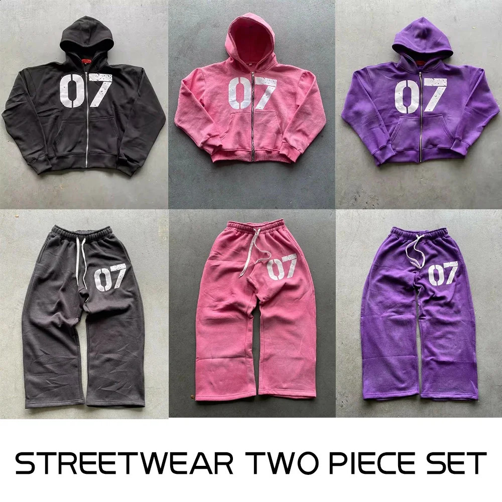 American hip-hop streetwear zipper hoodie sweatpants set Y2K clothing mens two-piece set printed sweatshirt casual pants set 241231