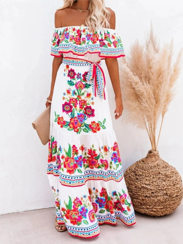 Summer Womens Printed Bohemian Dress Fashionable and Sexy Slant Neck Womens Long Dress Casual and Elegant Party Vestdos Dress Womens Dress 241231