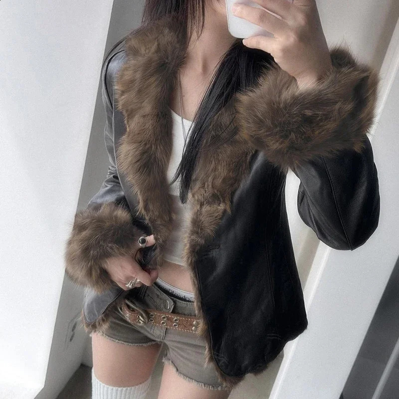 Mao collar Faux Fur loose coat Leather Jacket ious Furry Collar Warm Down Coats Winter Chic Vneck Cardigan Thick Outerwear 241223