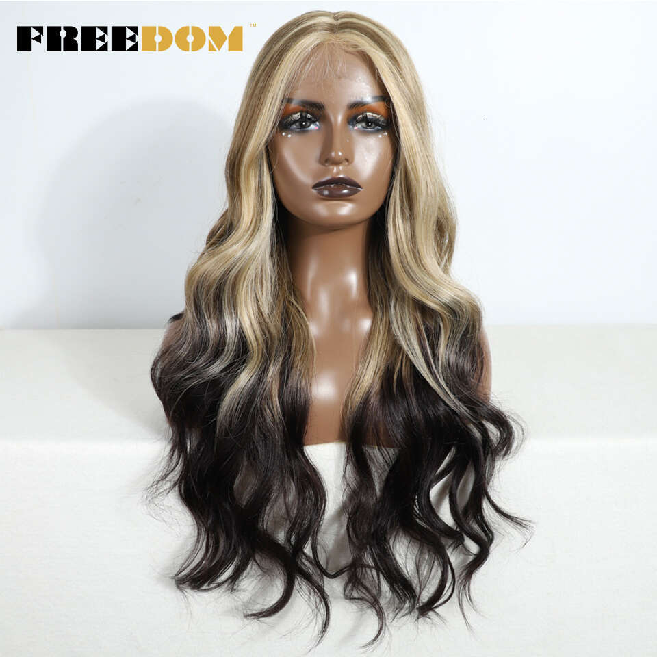 FREEDOM Body Wave Synthetic Front Wigs For Women 30" Long Ombre Brown Blonde Highlight Lace Heat Resistant Cosplay Wig