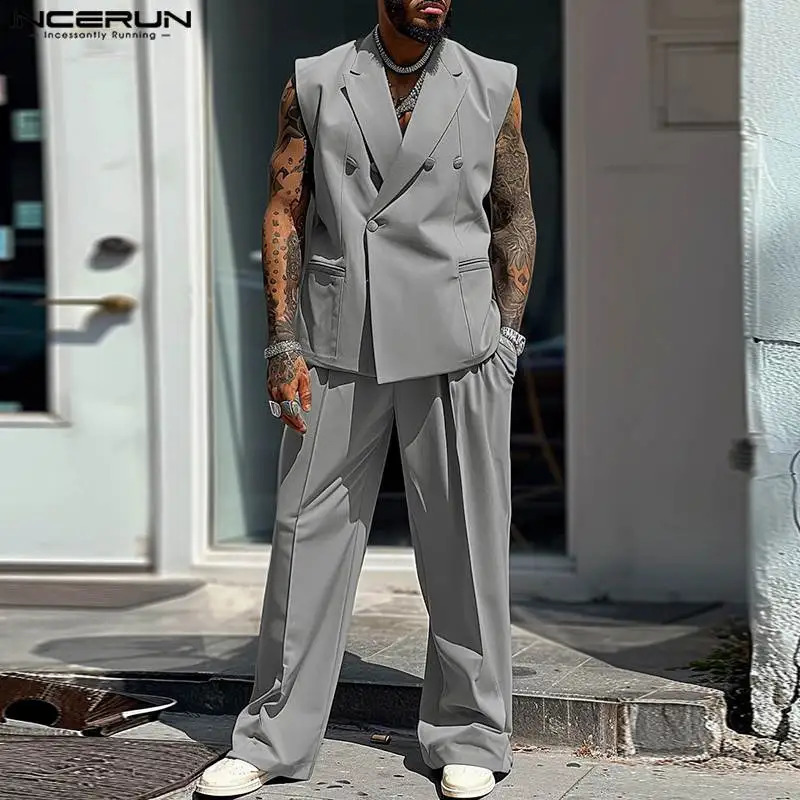 Mens 2024 INCERUN American Style Solid Color Sleeveless Sets Casual Insert Pocket Twopiece Suits Street Fashion Oversize 241223