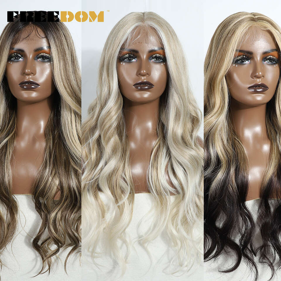 FREEDOM Body Wave Synthetic Front Wigs For Women 30" Long Ombre Brown Blonde Highlight Lace Heat Resistant Cosplay Wig