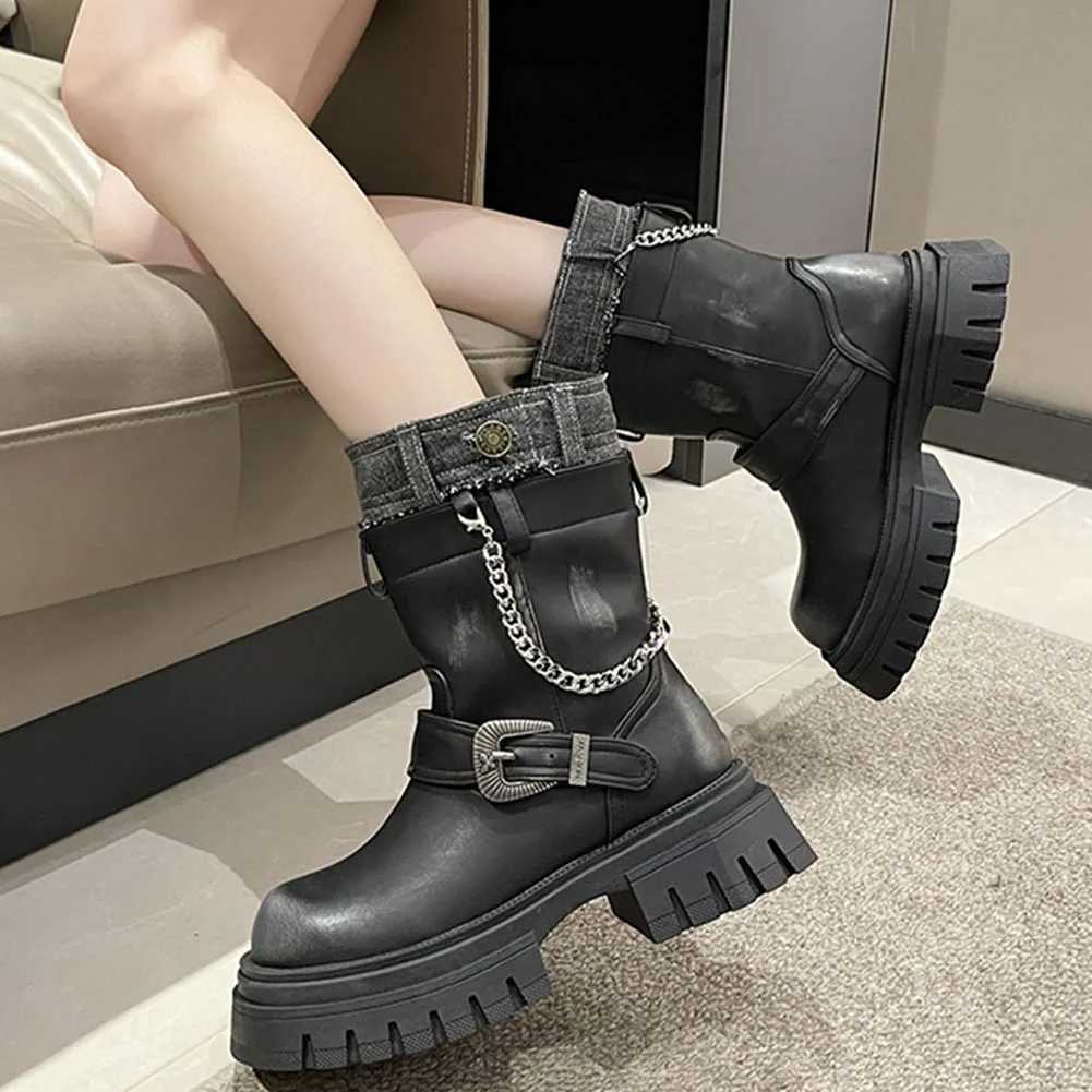 High quality merchants Platform Fold Knee High hot for Women Punk Belt Buckle Square Toe Zipper Trouser Boots | Goth Shoes 2024