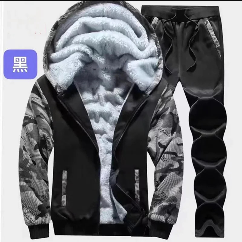 Winter Thicken Fleece Tracksuit Men Two Piece Zipper Sports Sets Hooded Thermal Suit Casual Oversized Camouflage Tracksuits 241223