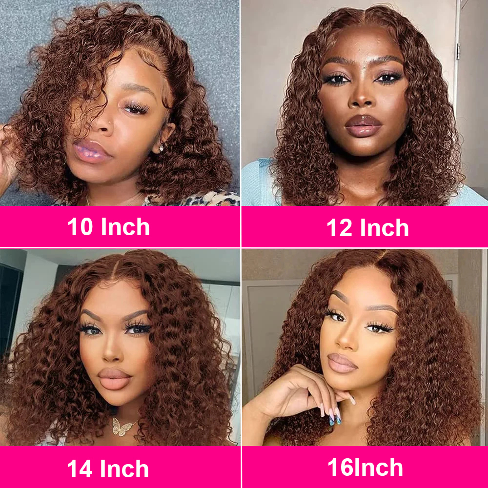 Brown Kinky Curly 13X4 Bob Wigs Brazilian Water Deep Wave Human Hair Wig Preplucked For Woman Short E #4 Color