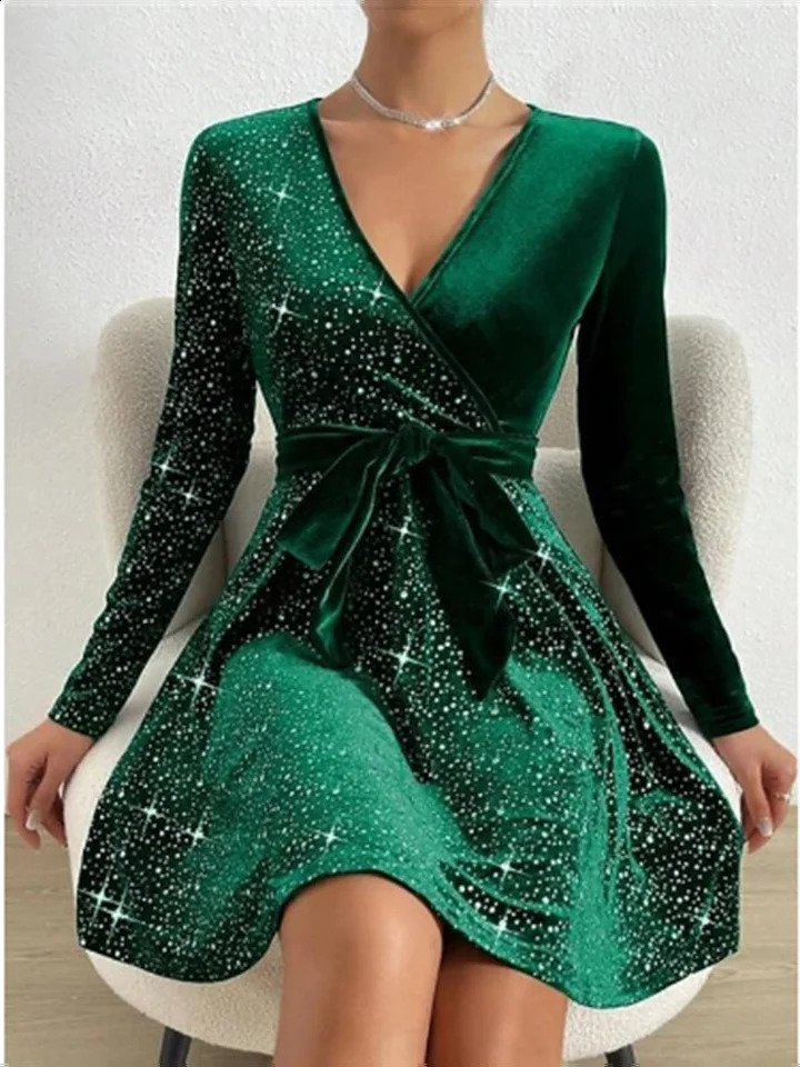 Sexy deep V-long sleeved sequined dress for womens party solid color mini dress elegant autumn evening gown 241231
