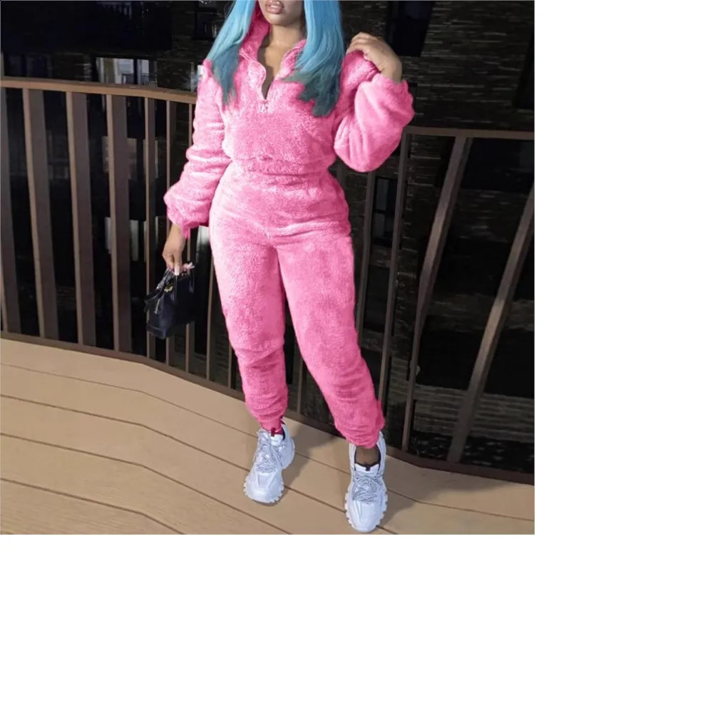 Fashion and casual solid color plush womens set for autumn and winter ultra short jacket ultra-thin warm sports Trouser girls 2-piece set 241230