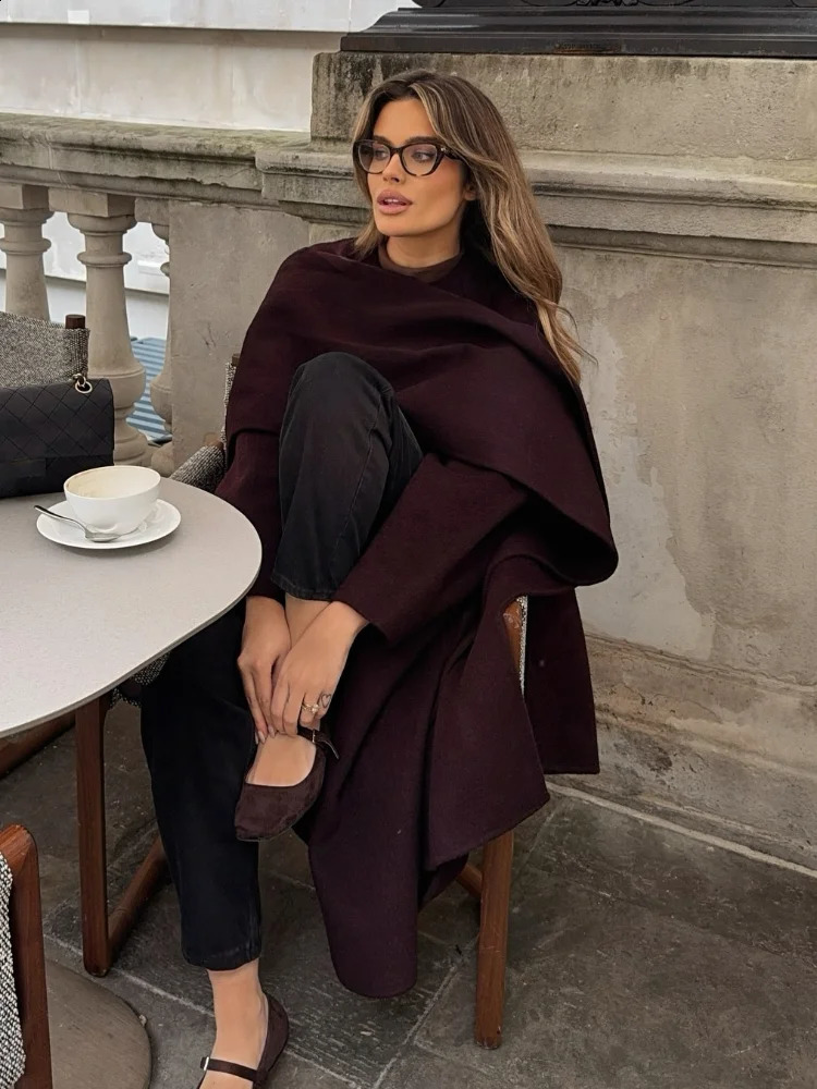 Womens Chic Burgundy Scarf Collar Woolen Long Coat Elegant Loose Full Sleeve Overcoat With Belt 2024 Autumn Winter Lady Outwear 241231Z