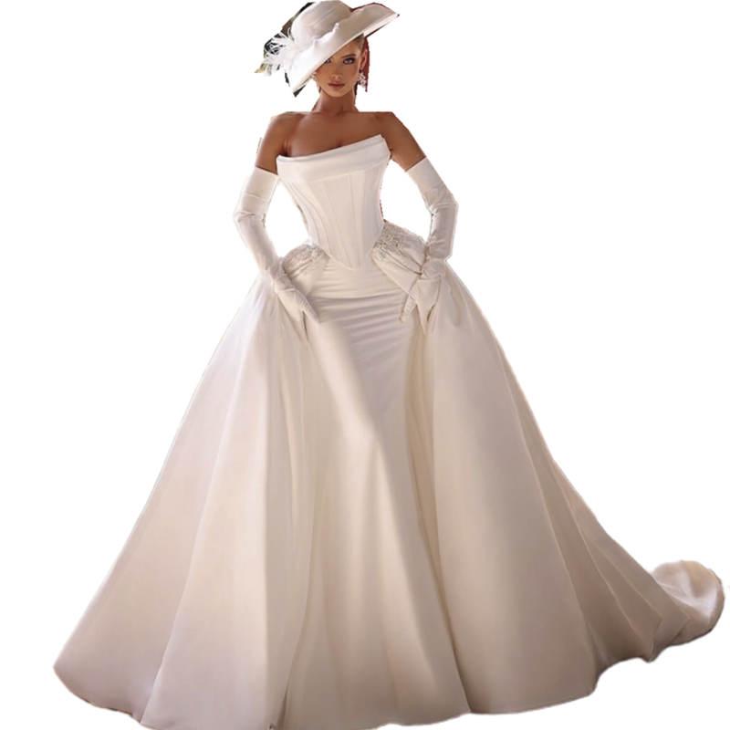 Elegant Strapless Mermaid Wedding Dress With Detachable Train Corset Lace-up Back Simple Satin Bridal Gowns With Gloves 2025 Vintage Bridal Dresses
