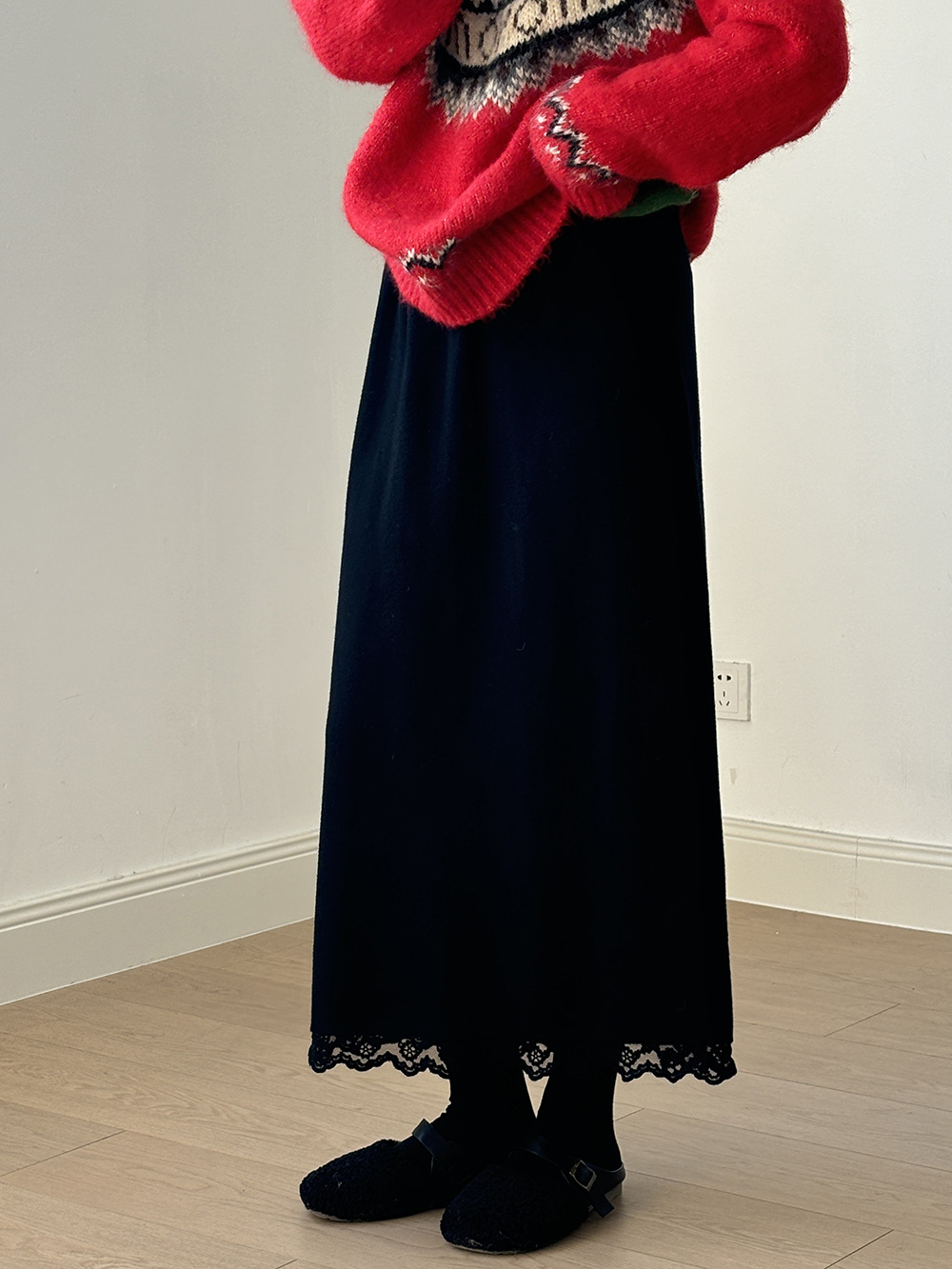 M5561 Lace High Waist Skirt Women Winter Soft Thickened Midi Skirt Back Slit A-Line Skirt