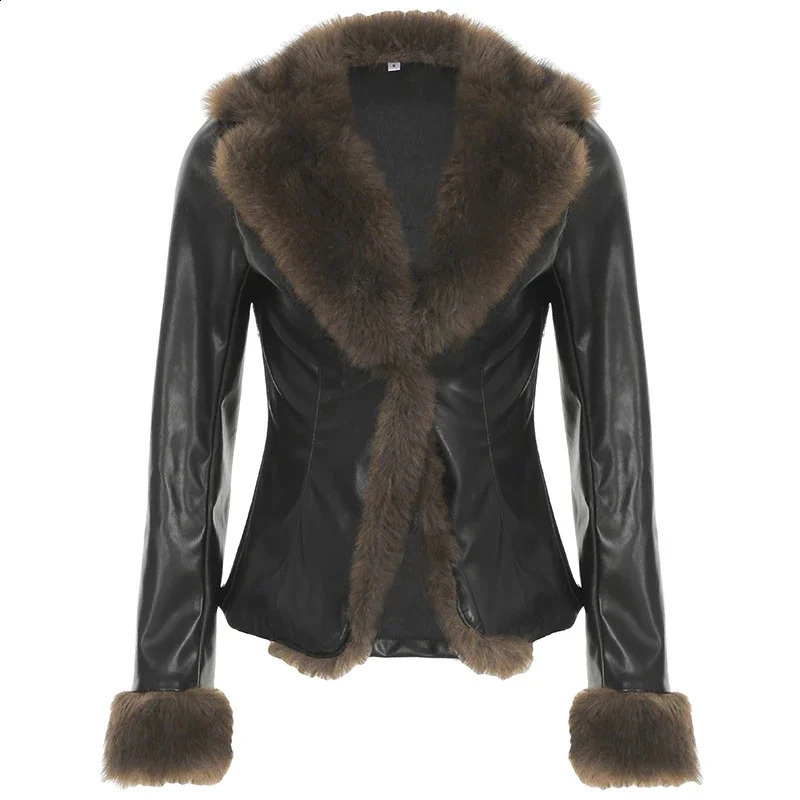Mao collar Faux Fur loose coat Leather Jacket ious Furry Collar Warm Down Coats Winter Chic Vneck Cardigan Thick Outerwear 241223