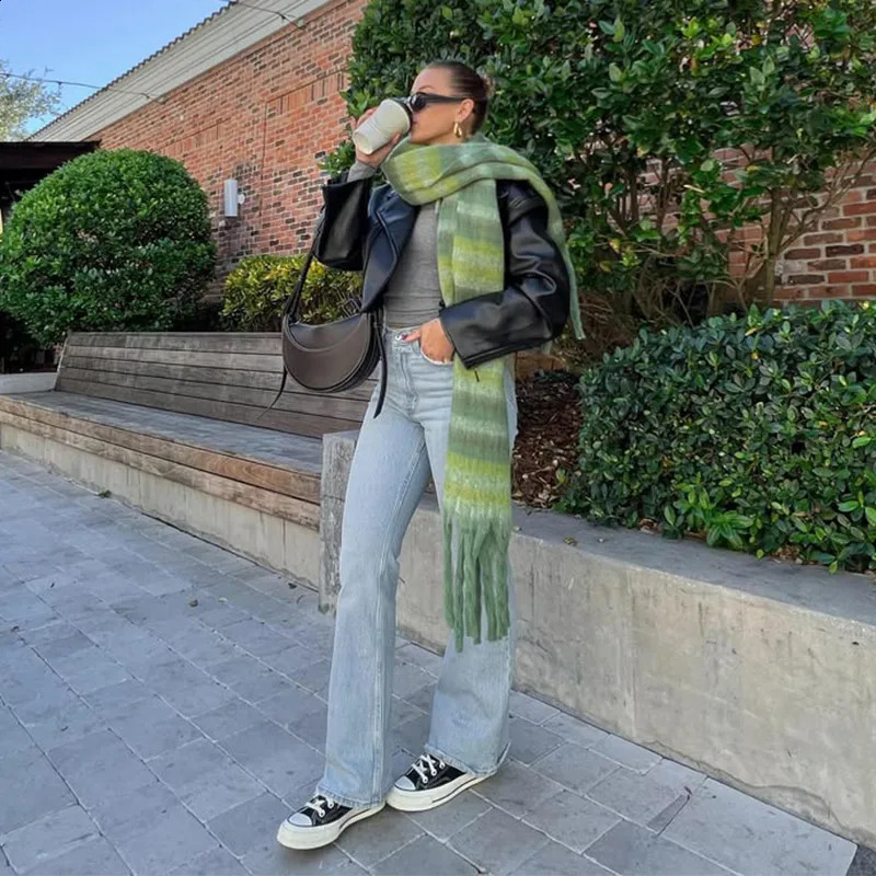 Home>Products> Retro Cashmere Scarf Womens Fashion Green Moher Striped Scarf Korean Classic Thick Warm Soft Shawl 241230