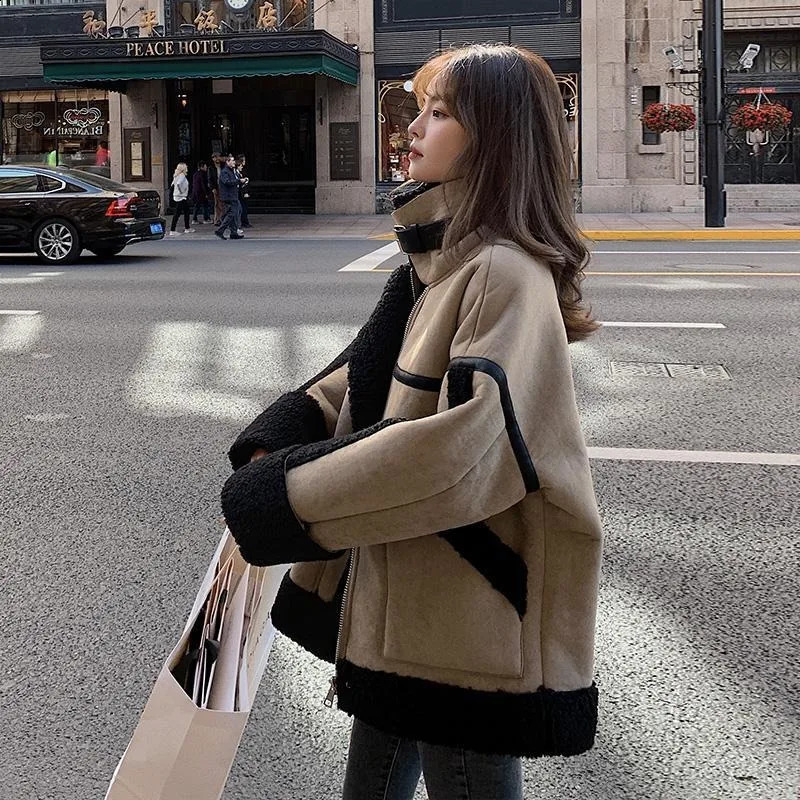 Korea Fashion Lambswool Fur Coat Women Y2K Winter Thickened Vintage Stitching Short Leather Motorcycle Clothing 241223