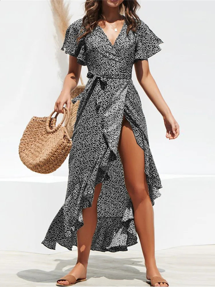 Summer beach long dress womens floral print bohemian long chiffon dress pleated bag casual V-neck split sexy party dress formal dress womens dress 241