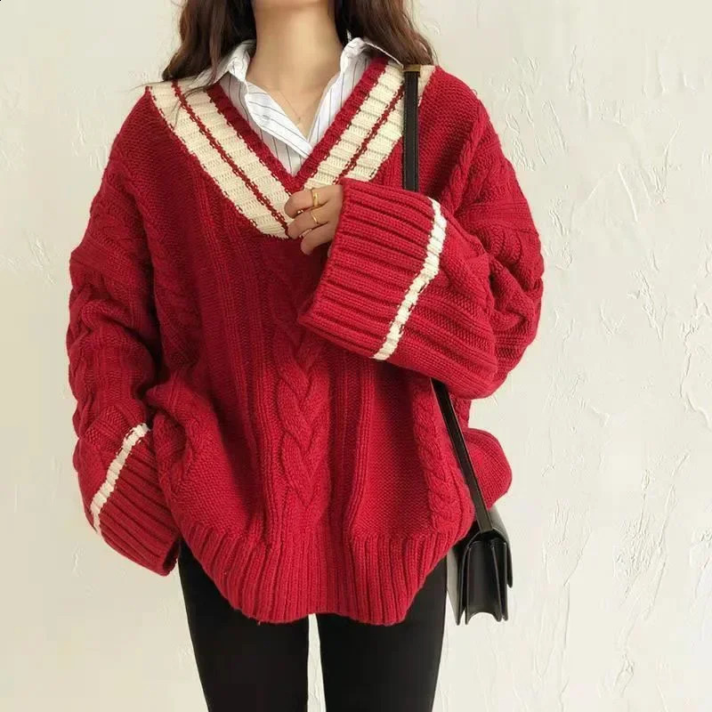 HELIAR Oversize Sweet Women Sweaters Long Sleeve V Neck Vintage Lazy Wind Knitted Pullovers Korean Patchwork Casual Loose Jumper 241231m