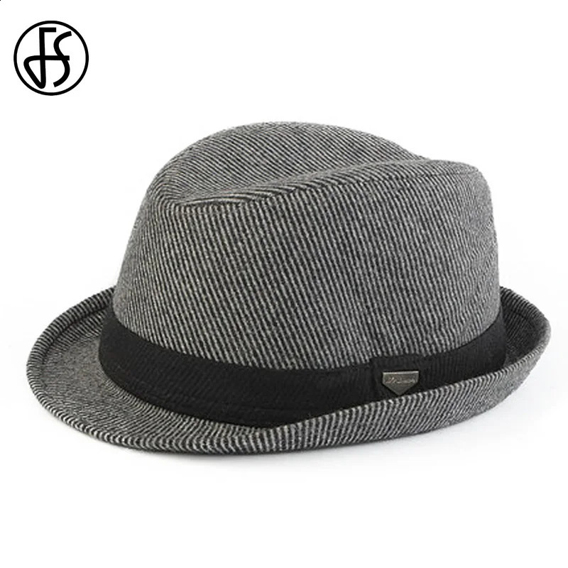 FS Vintage Black Wool Felt Wide Brim Fedora Hats For Men Striped Gangster Trilby Hat Autumn Winter Panama Jazz Cap Chapeau Homme 241231