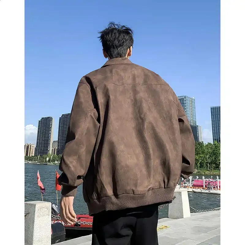 Trendy Pink Leather Jacket Vintage Distressed High-End Feel For Men Loose Fit American Style Maillard Clothing 241230