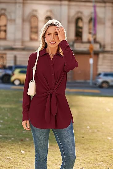 Womens Button Up Shirt Long Sleeved Waistband Lace Up Slit Dress Shirt Casual Top
