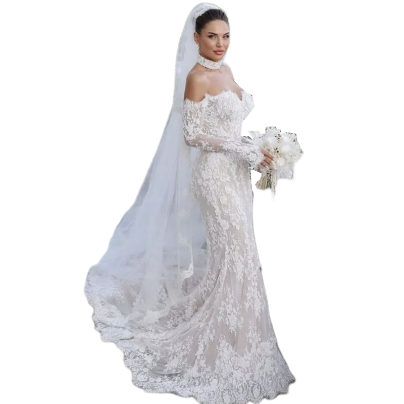 Elegant Arabic Dubai Lace Mermaid Wedding Dresses With Detachable Long Sleeves Sweetheart Neck Champagne Lining With Ivory Boho Bridal Gowns 2025 Vest