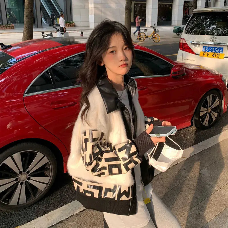 Vintage Fur Lamb Wool Pu Patchwork Zipper Jacket Fashion Printed Leather Streetwear Coat Female 2024 Autumn Winter 241223