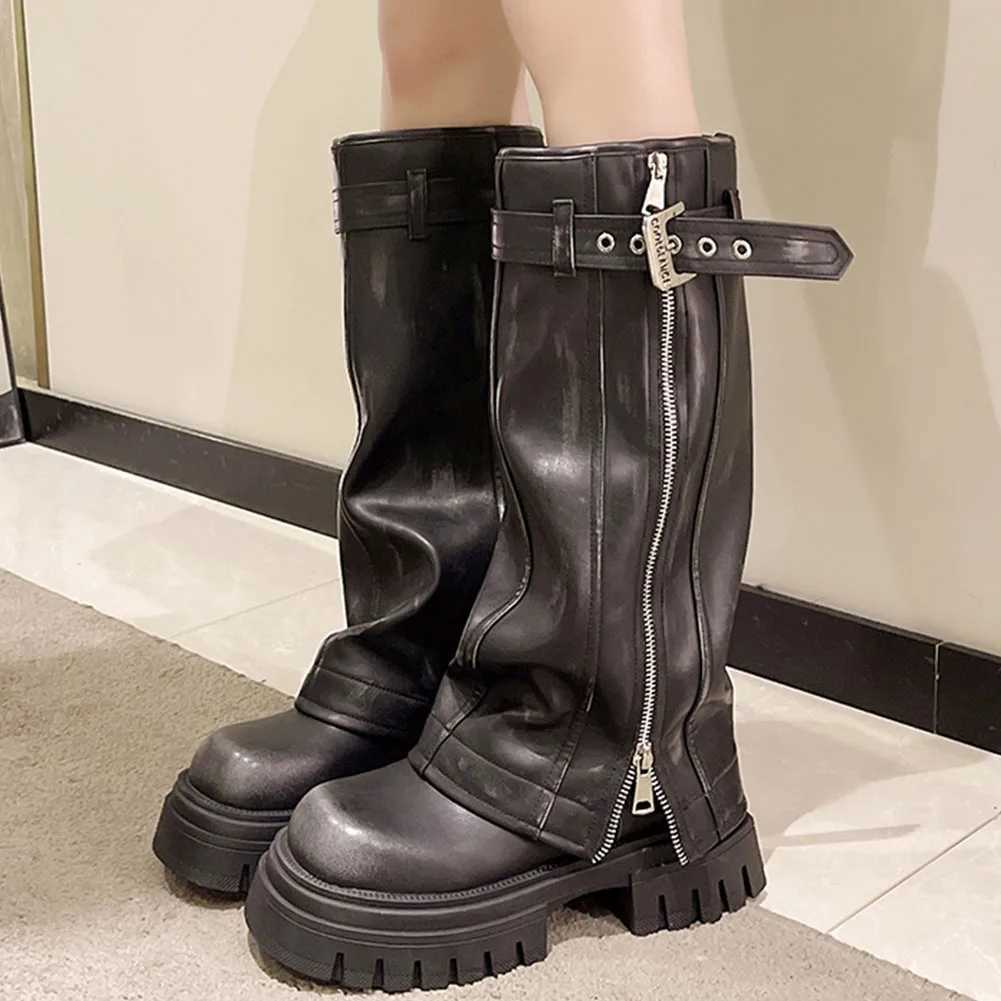 High quality merchants Platform Fold Knee High hot for Women Punk Belt Buckle Square Toe Zipper Trouser Boots | Goth Shoes 2024