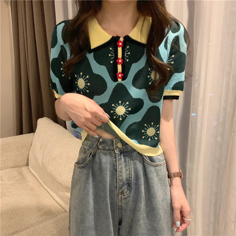 Women Puff Short Sleeve Printed Flowers Sweaters Shirts Polo Collar Cropped Thin Sweater Pullover Crop Top For Female 241231